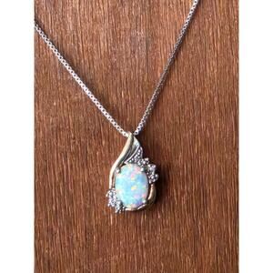 Vintage 925 10K Opal Diamond Sliding Pendant Teardrop RL Signed Necklace 18"